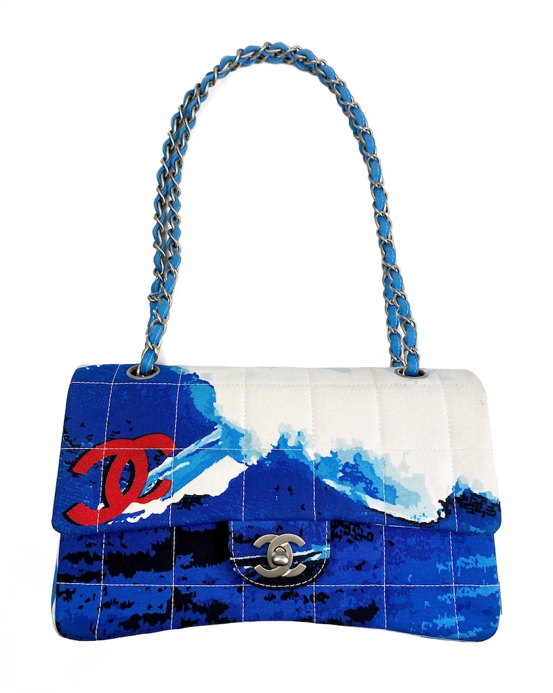 CHANEL Vintage Surf Bag Logo Print Quilted Canvas Flap Handbag image 1