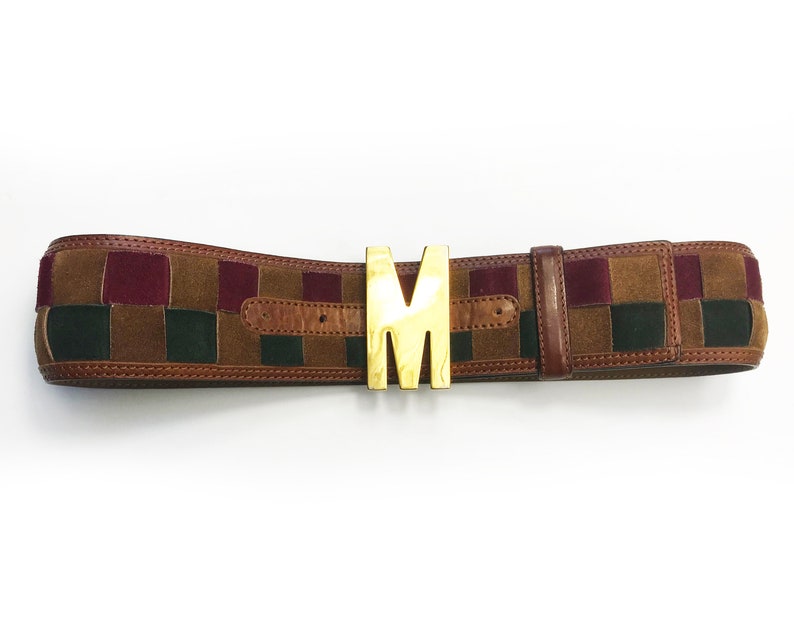 MOSCHINO Vintage 90s Logo M Monogram Brown Suede Belt Lattice Design sz IT 38 image 2