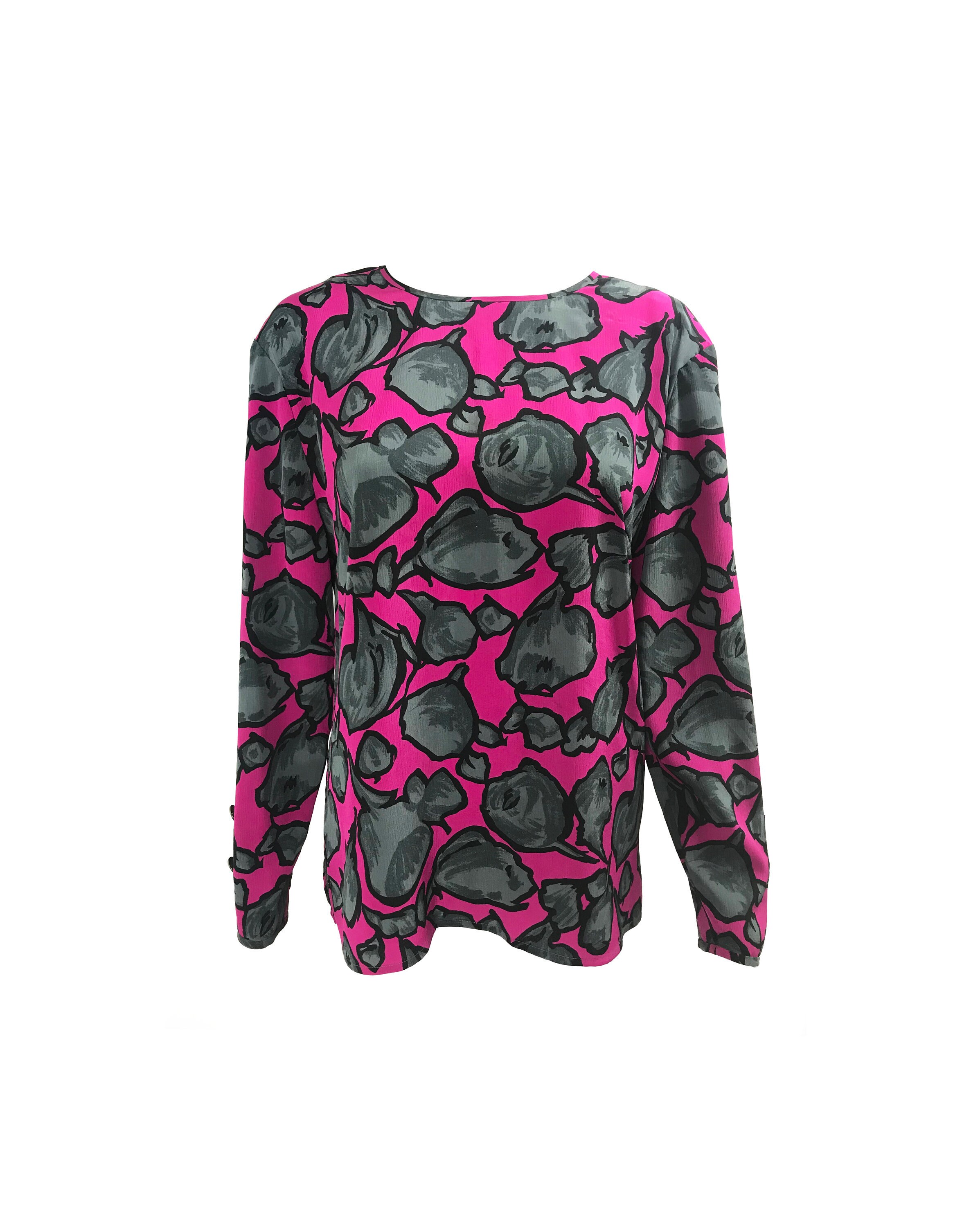 GIVENCHY Vintage 1980s Floral Print Silk Blouse Top Pink Grey Graphic 80s Long Sleeve