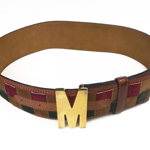 MOSCHINO Vintage 90s Logo M Monogram Brown Suede Belt Lattice Design sz IT 38 image 8