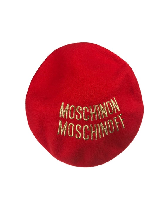 MOSCHINO Vintage Logo Print Beret Hat 1990s Red Go