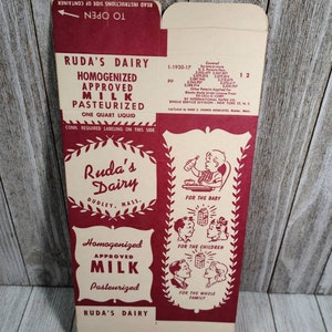 Vintage UNUSED Milk Carton, Vintage Milk Carton, Ruda's Dairy Dudley Massachusetts, Vintage Farmhouse, Vintage Kitchen, Farmhouse Decor