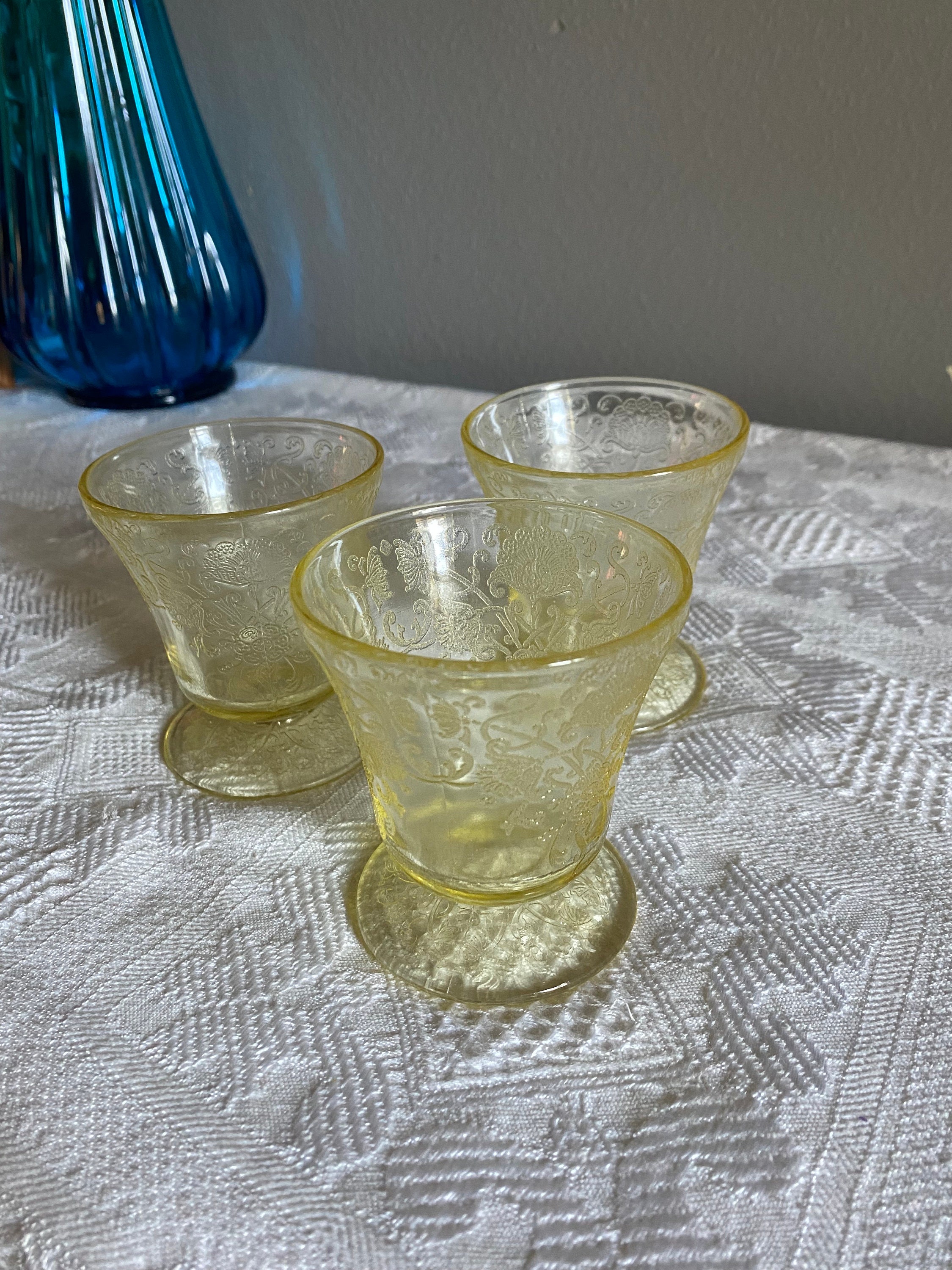 Vintage Set of 3 - 1930s Hazel Atlas Yellow Glass Small Juice Glasses - Florentine No. 2 Pattern