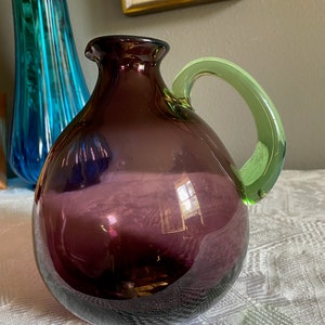 Vintage Art Glass Purple Hand Blown Pitcher - Applied Green Handle