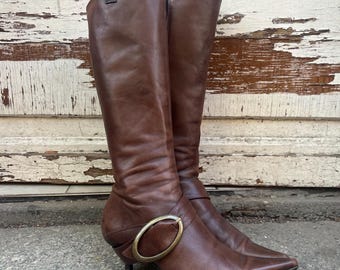 Botas vintage de tacón bajo de piel de búfalo marrón estilo Y2K