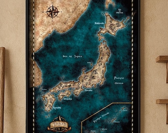 Fantasy Map of Japan, Vintage Style Japanese Print, Medieval