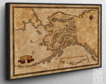 May include: A vintage-style map of Alaska with a brown background and black lines. The map is framed in a black frame and has a compass rose in the upper right corner. The text "State of Alaska" is in a banner at the bottom of the map.