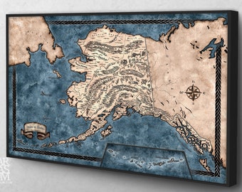 May include: A vintage-style map of Alaska with a blue background and brown lines and text. The map is framed in a black frame.