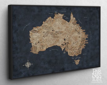 May include: A vintage-style map of Australia with a dark blue background and a compass in the bottom left corner. The map features a detailed outline of the country with various geographical features and place names.