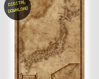 Fantasy style modern map of Japan, digital download, Japan map, Fantasy map of Japan