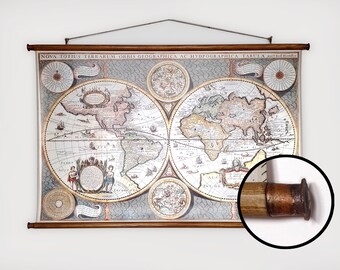 1642 Hemisphere World Map Print: Vintage Style, Wooden Frame (24.5" x 35")