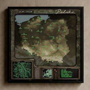 May include: A framed map of Poland with a retro, video game-inspired design. The map features green markers for cities and a grid overlay. The word "Polska" is written in cursive. Additional screens display a city map and a map of Europe.