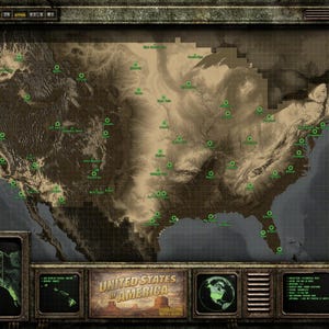 Może przedstawiać: Szczegółowa mapa Stanów Zjednoczonych, wyświetlana na ekranie w stylu retro. Mapa zawiera zielone znaczniki wskazujące lokalizacje, z tekstem "UNITED STATES OF AMERICA" na dole. Ekran ma zużytą, metalową ramę.