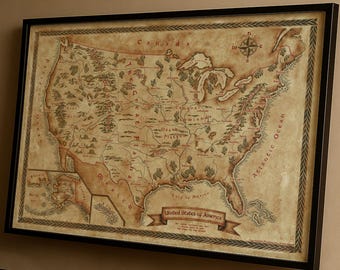 Custom Fantasy Map of USA: Vintage Style Illustrated United States Art Print