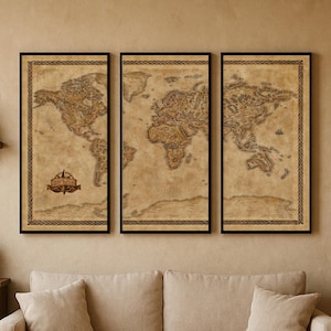 Tríptico de mapa del mundo de fantasía: Impresión artística mural ilustrada de gran tamaño