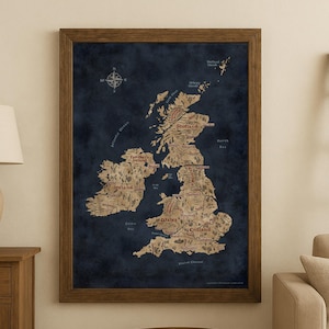 May include: Framed map of the British Isles, featuring a vintage aesthetic. The map shows the countries of Ireland and Great Britain, with place names in a serif font. The background is a dark blue, and the frame is a medium brown.