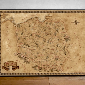 Carte fantastique de la Pologne, ancienne carte de la Pologne, carte de la Pologne de style vintage, affiche de la Pologne, affiche fantastique