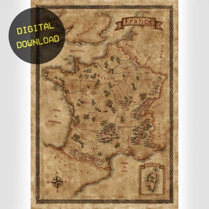 May include: A vintage-style map of France, featuring detailed illustrations of the country's regions and landmarks. The map is printed on aged paper with a decorative border and includes the text "France" and "Digital Download".