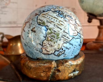 Handcrafted Mini Desk Globe: Vintage Style, Concrete Stand (4 Inch)