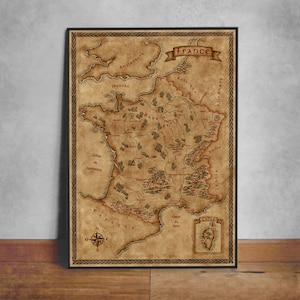 Karte von Frankreich, Fantasy Map of France, Vintage stilisierte französische Karte