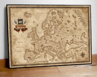Fantasy styled map of Europe, Fantasy gift map, Geek gift, Fantasy styled map, Old Map of Europe, Vintage Europe Map, Europe Poster