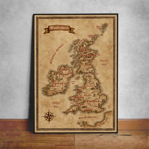 Britse eilanden fantasiekaart, Fantasieontwerp UK en Ierland kaart, Kaart van Britse Eilanden, Groot-Brittannië kaart poster, Geïllustreerde UK kaart, Geek cadeau