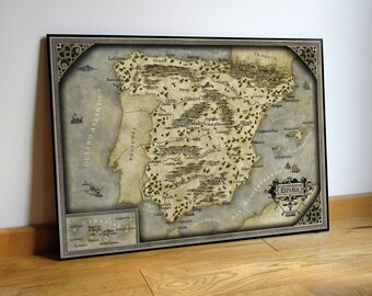 Fantasy Landkarte Spanien: Spanische Landkarte im Vintage Stil, Kunstdruck