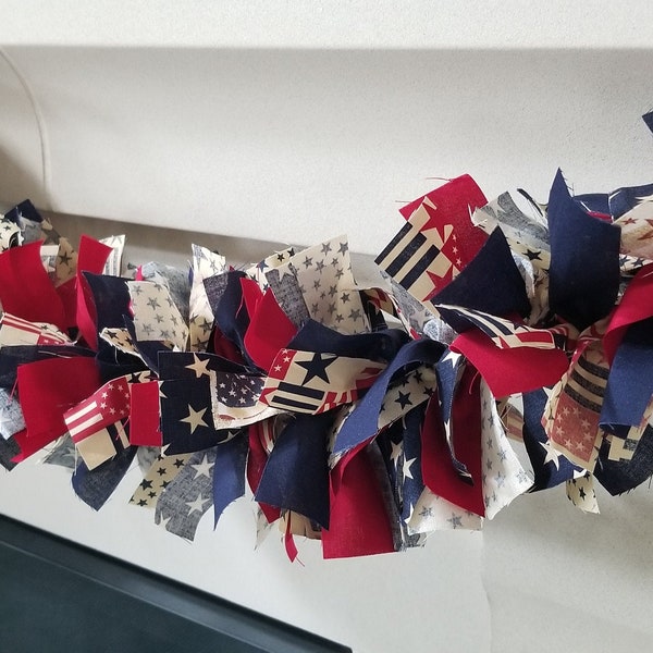 Americana Rustic Rag Garland, Patriotic Fabric Garland, Rustic July 4th Garland, July 4th Party Decoration