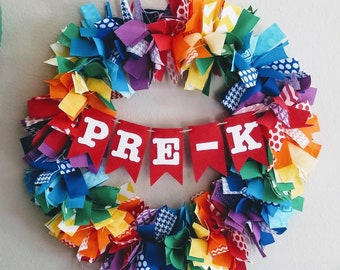Custom Rainbow Wreath Small, Rainbow Classroom Decoration, Homeschool Fabric Rag Wreath, Child&#39;s Room Door Wreath