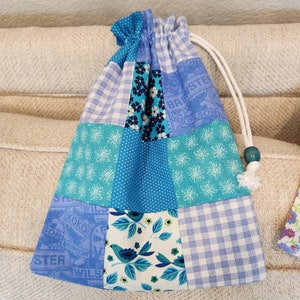 Handmade Blue Patchwork Gift Bag: Reusable Fabric Drawstring