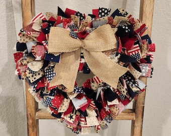 Farmhouse Americana Heart Rag Wreath: Rustic 4th of July Decor