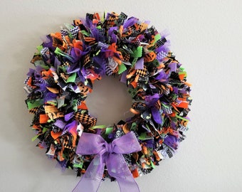 Halloween Rag Wreath, Halloween Party Decoration, Fall Autumn Fabric Rag Wreath, Halloween Wall Decoration, Purple Green Halloween