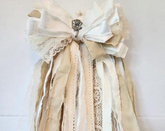 Shabby Chic Fabric & Lace Rag Bow, Rustic Farmhouse Wall hanging, Neutral Wreath Decor