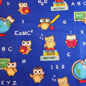 Owls Fabric by the Half Yard, School Owls Cotton Quilting Fabric Remnant