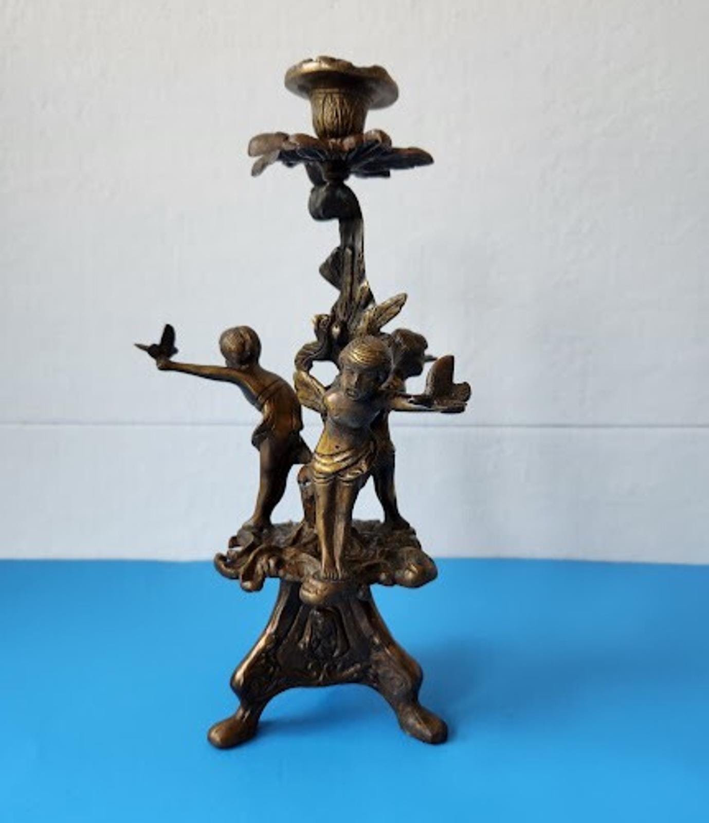 Vintage Bronze Figural Candlestick Cherubs Doves Mary Joseph Sacred Heart
