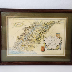 Vintage Wood Framed 1960&#39;s French Mini Map La Vallee du Rhone