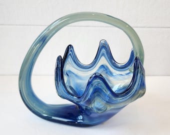 Cestino in vetro soffiato a mano con motivo a spirale blu, ciotola in vetro stile Murano vintage di metà secolo