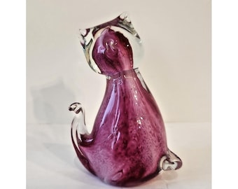 Pink Cat Figurine Murano Style Blown Glass Art Glass Paperweight Vintage