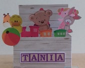Handmade personalised toy box pop up box card - new baby, Christening, birthday card, invitation