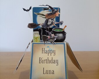 Witch pop up box card - 3d personalised card for birthdays, initiation, party invite, congratulations, thankyou, Pagan, Wicca,