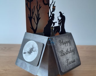 Witch cauldron 3d pop up box card - personalised Pagan, birthday, congratulations,  Pagan Wiccan handfasting, magic card,