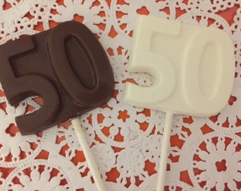 Number Fifty "50" Chocolate Lollipops(12 qty) 50th Birthday Party Favors/50th Anniversary Favor/Golden Anniversary Favor/Chocolate Number 50