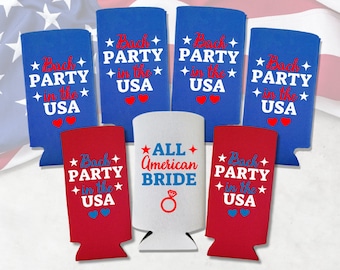 Custom Patriotic Slim Coolie, All American Bride-Bach Party In The USA, 4th of July, Memorial Day, Bachelorette Party Spiked Seltzer Coolies