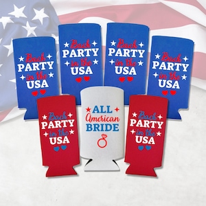 Custom Patriotic Slim Coolie, All American Bride-Bach Party In The USA, 4th of July, Memorial Day, Bachelorette Party Spiked Seltzer Coolies