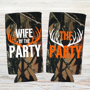 Custom Bachelorette Party Slim Coolies, Camouflage Wife Of The Party Skinny Cooler, Camo Bachelorette Party, Custom Camo Outdoor Theme Party