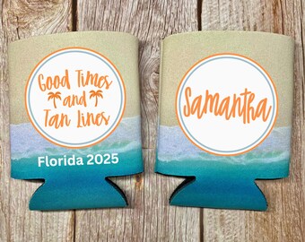 Beach Pattern Can Coolers, Good Times And Tan Lines, Summer Vacation Coolies, Drink Accessory, Fully Customizable Beach Beer Hugger