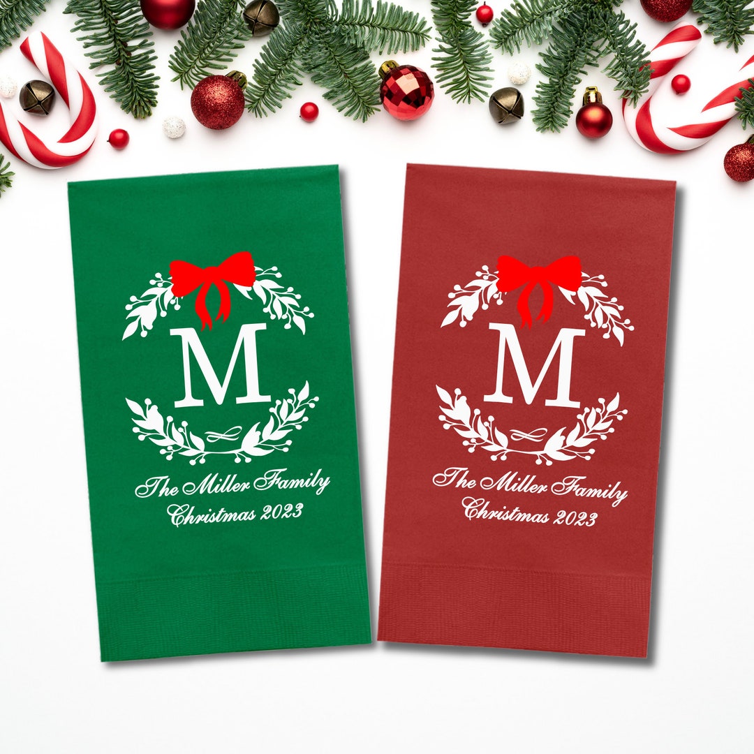 Custom Christmas Napkins, Family Christmas Green and Red Paper Dinner