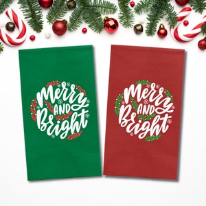 Custom Christmas Napkins, Merry And Bright, Green and Red Paper Dinner Napkins, Christmas Table Decor and Guest Towels or Gifts