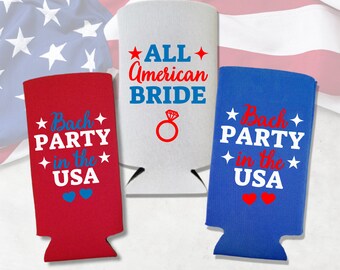 Patriotic Slim Coolies, All American Bride-Bach Party In The USA, 4th of July, Memorial Day, Bachelorette Party Spiked Seltzer Coolies