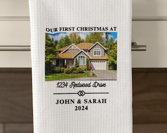 Custom Christmas Dish Towel, Our First Christmas At New Home, Kitchen Weave Tea Towel, Family Housewarming Gifts, Newlywed Kitchen Decors